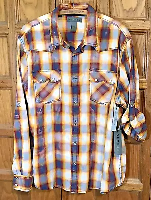 NWT! Decree Ombre Plaid Western Shirt Roll Up Long Sleeve Snaps Buttons Mens XXL • $19.34