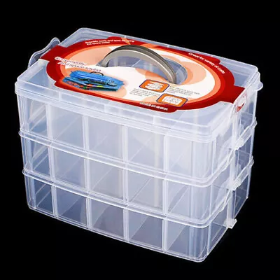 Clear Compartment Box Transparent Plastic Storage 3 Layer Divider Large Craft • £9.99