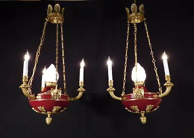 PAIR Antique 3 Arm 4 Lite French Brass Empire Oxblood Flame Globe Chandeliers • $3195