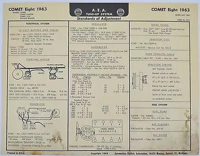 Original AEA Tune Up Chart System 1963 Comet Eight Custom S-22 Station Wagon • $14.99