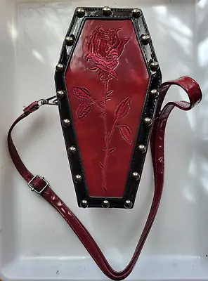 Crossbody Bag Coffin Shape PU Gothic/Steampunk  Embroidery Burgundy Red Rose • £11.99