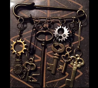 Steampunk Gears And Skeleton Keys Safety Pin Kilt Charm Pendant Brooch • $11.99