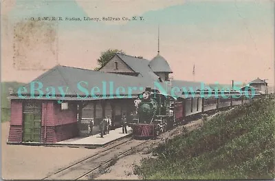 Liberty NY - O&W RAILROAD STATION & TRAIN - Hand Colored Postcard Catskills • $12.75