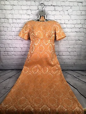 VTG 50s 60s Coral Pink Floral Brocade Half Sleeve Cocktail Party Dress M Gown • $94.95