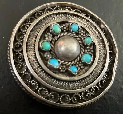 Bezalel Style Yemenite Palestine Filigree Sterling Silver Turquoise Pin Brooch • $48