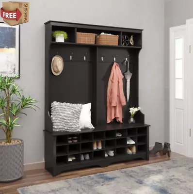 BLACK Entryway Bench Storage Shoe Cabinet Mudroom Cubbie 24 Pairs Hall Tree NEW • $385.97