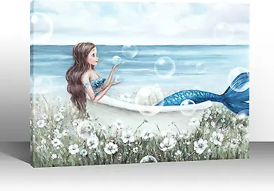 Bathroom Wall Decoration Art Print Mermaid Theme Picture In Beach Canvas Frame A • $43.22