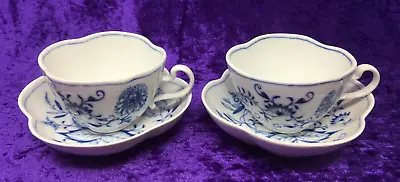 Meissen Quatrefoil Blue Onion Cups And Saucers First Quality 4 Piece Set Of 2 • $163.50