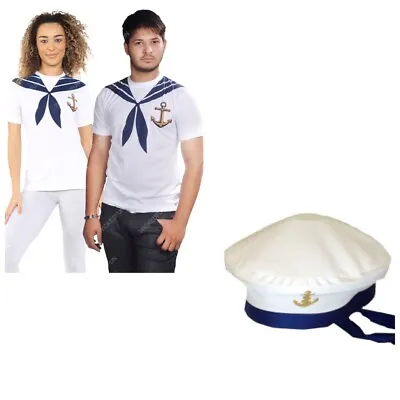 Adults 2pc Sailors Set Unisex Fancy Dress Hen Stag Night Hat & Printed T-Shirt • £12.49