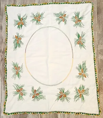 $34.95 • Buy Small Vintage Tablecloth Hand Embroidery Pine Cones Crocheted Edges Beautiful!