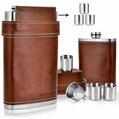 GENNISSY 304 18/8 Stainless Steel 8oz Flask - Brown Leather With 3 Cups And  • $26.71