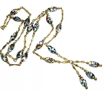 VINTAGE VENETIAN MOSAIC GLASS MILLEFIORI NECKLACE Beaded Tassel Beads • $59.95