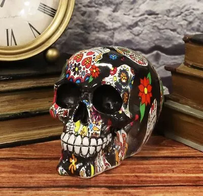 Ebros Day Of The Dead Black Sugar Skull With Floral Tattoo Cranium Skull Statue • $22.99