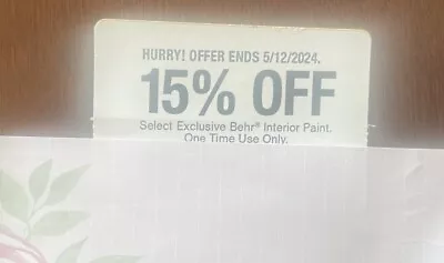 Home Depot Coupon 15% OFF Behr Interior Paint Purchase Max Discount $200 5/12/24 • $24.99