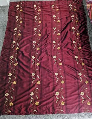 Deep Garnet Red Taffeta Curtain Panel 56x81 Rod Pocket Floral Embroidery Fabric  • £26.77