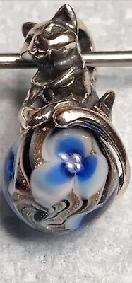 Trollbeads Event CAT PENDANT Bold Blue White Flowers With Swirls Of GOLD GLITTER • $250