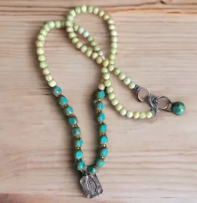 Estate Glass Bead Faux Turquoise Gemstone Fish Silver Tone Bead Beaded Necklace • $19.99