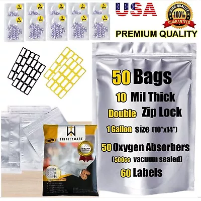 Smell Proof 50pcs Mylar Bags 1 Gallon 10 Mil Thick W/ Oxygen Absorbers 500cc • $29.99