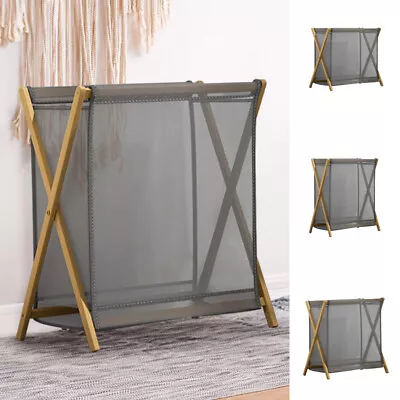 Home Bamboo Frame Linen Nylon Laundry Baskets Washing Clothes Storage Basket • £13.94