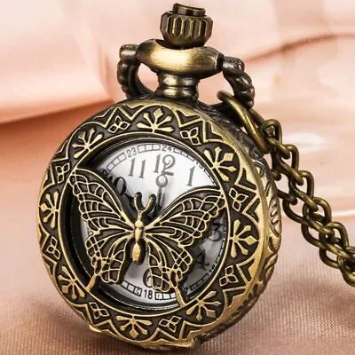 Steampunk Men Women Butterfly Pocket Watch Necklace Chain Quartz Watches Gift • $4.59