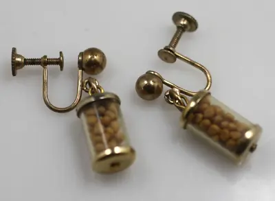Vintage Gold Tone Mustard Seed Cylinder Drop Dangle Screw Back Earrings FAITH • $6.50