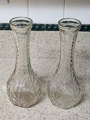 Pair Of Vintage Bud Vases FTD?  Clear Glass With Vine & Leaf Design 9  • $3