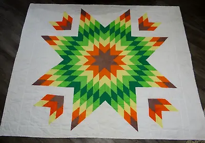 $124.99 • Buy Vtg Hand Stitched Quilted LONE STAR Quilt 65  X 76  Green/Brown/Orange On White