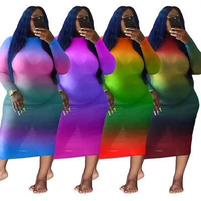 New Plus Size Women Long Sleeves O Neck Mesh Tie Dye Print Club Midi Dress • $21.12