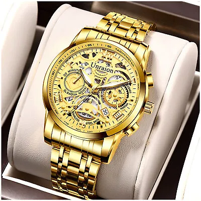 Luxury Men's Automatic Movement Stainless Steel Watch Business Hollow Skeleton • $15.19