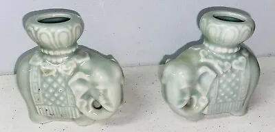 Set Of 2 Marked Vintage Celadon Jade Pale Green Elephant Candle Holders FRM11D • $17