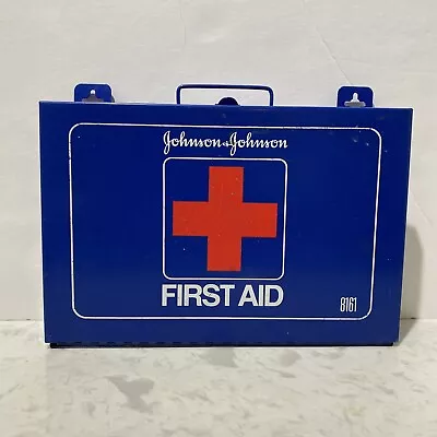 Vintage Wall Mount Johnson & Johnson First Aid Kit Blue Metal Box #8161 • $19.95