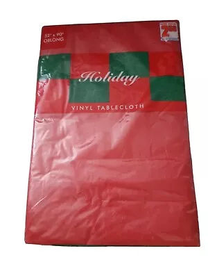 Vintage Vinyl Christmas Tablecloth 52  X 90  Oblong Holiday Flannel Back Red • $14.39