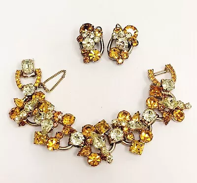 Vibtage Juliana Topaz Yellow Rhinestones Layered 5 Link Bracelet & Earrings Set • $159.99