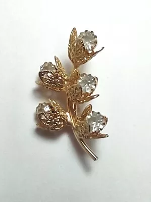 Vintage Brooch Pin Flowers On A Stem Clear Rhinestones Goldtone Filigree  • $8