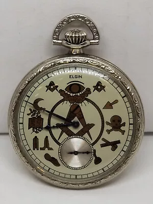 FAPW257 1923 Elgin Pocket Watch Masonic Dial Grade 303 Size 12s 7 J Working. • $256.99