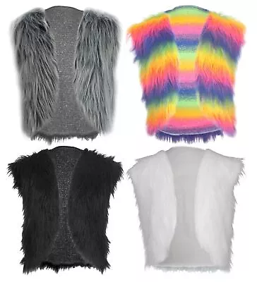 Adults Coloured Faux Fur Glam Rocker Hippy Waistcoat Mardi Gras 1970 Fancy Dress • £18.95