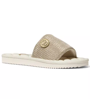 Women MK Michael Kors Janis Slide Sandals Pale Gold • $44.49