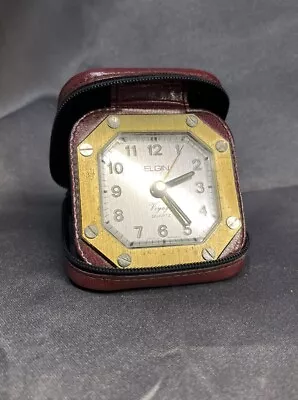 Elgin Voyage Quartz Travel Alarm Clock In Leather Case Germany Tested & Works • $23