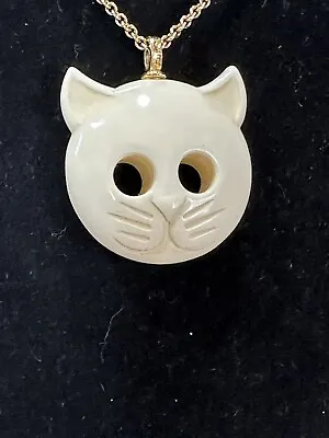 Vintage Crown Trifari Ghost Cat Pendant Carved Cream Lucite 1/20 With Chain • $37