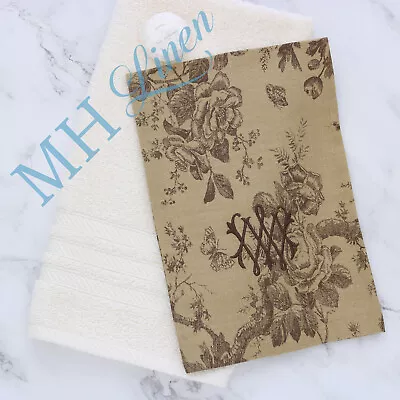 Monogram Initials WM / MW Guest Towel In Brown Toile With Brown Embroidery • $15