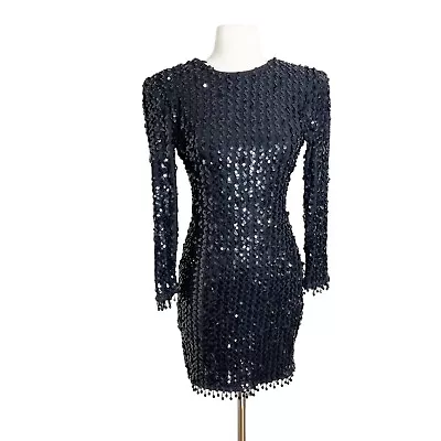 Vintage 90s Climax Karen Okada Black Sequin Stretch Mini Dress Small 5/6 Beaded • $97.49