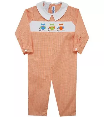 Boys VIVE LA FETE Orange Smocked Owl Romper 6 12 Months NWT Long Fall Outfit • $16.95