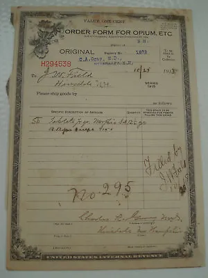1918 Order Form For Opium Cocaine Etc ~ Hinsdale Nh & Greenfield Mass Dentist • $45