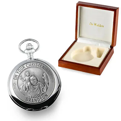 £32.99 • Buy Christening Gift For Grandson Engraved St Christopher Pocket Watch MOP Wood Box