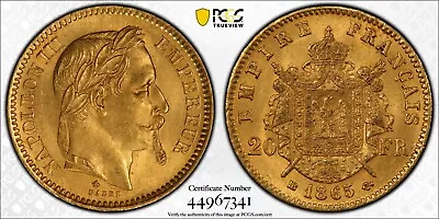 France  Gold 20 Francs 1865 Bb  Napoleon Iii - Pcgs Ms 64  Rare7 • $999.99