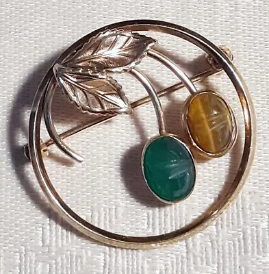 Vintage Van Dell Gold Filled Jade & Tiger Eye Scarabs Round Brooch Pin • $24.99