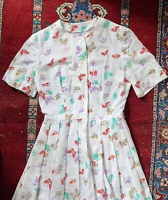 Vintage 60s Dress Butterfly Print Sundress Fit & Flare Small Cotton Shirtdress • $31.99