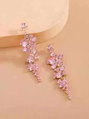 3.25'  Pink Gold Chandelier Rhinestone Long Crystal Prom Pageant Earrings Dangle • $13.95