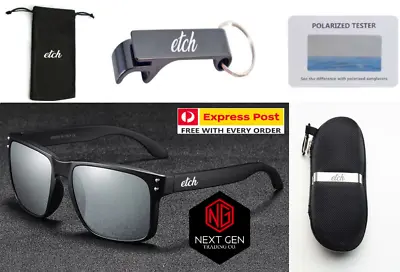 Etch Holbrook Polarized Sunglasses Mens One Piece UV400 Black Frame Silver Lense • $49.99