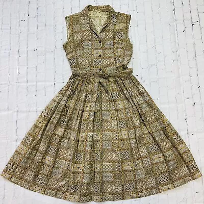 1950s Vintage Mode O’Day Dress Brown Geometric Cotton MCM Fit And Flare Belted M • $99.97
